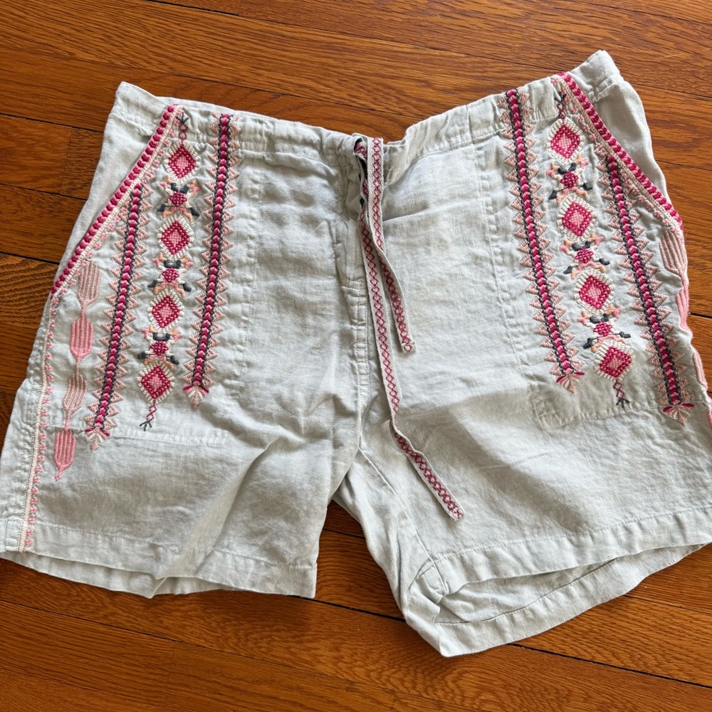 Johnny Was Embroidered Linen-Blend Shorts with Pink & Coral Accents